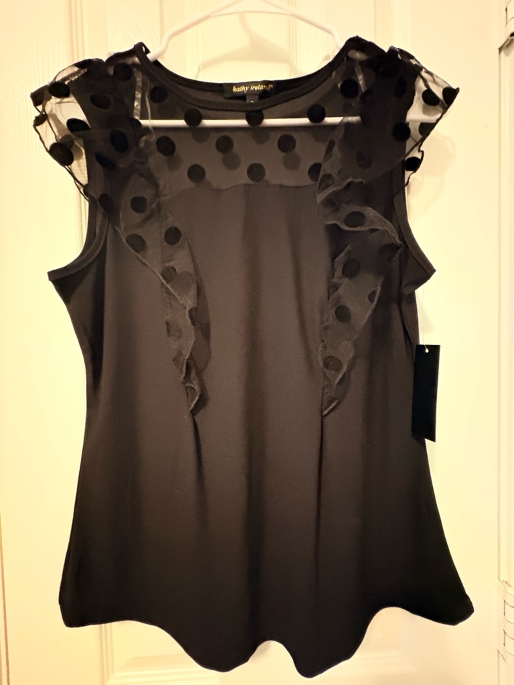 kathy ireland Black Polka Dot Mesh Ruffle Cap Sleeve Top